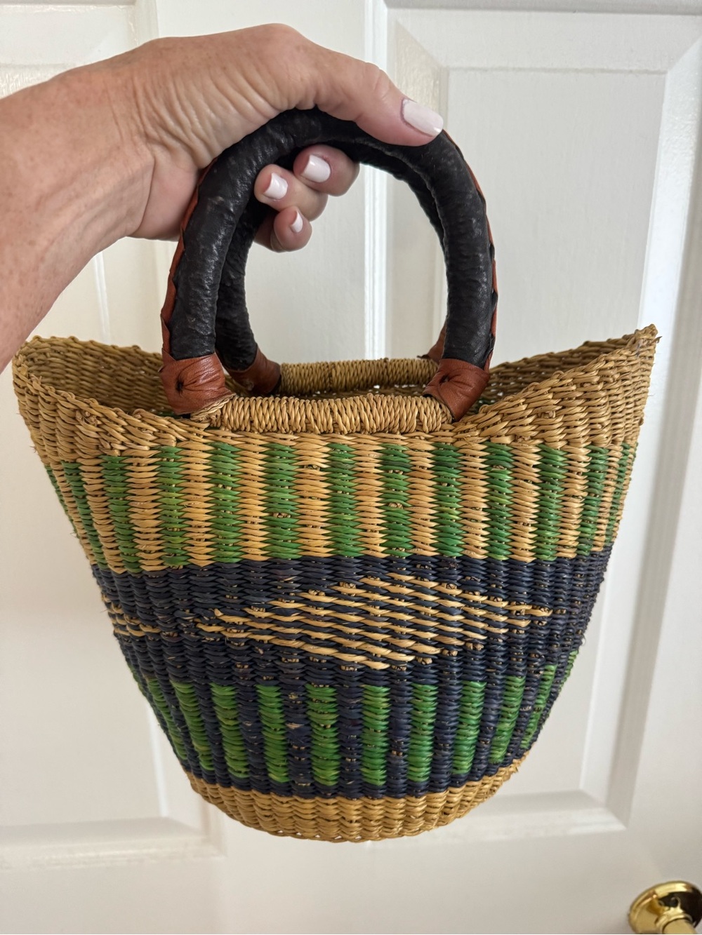 Woven Straw Tote Bag with Leather-Wrapped Handles - Green & Navy